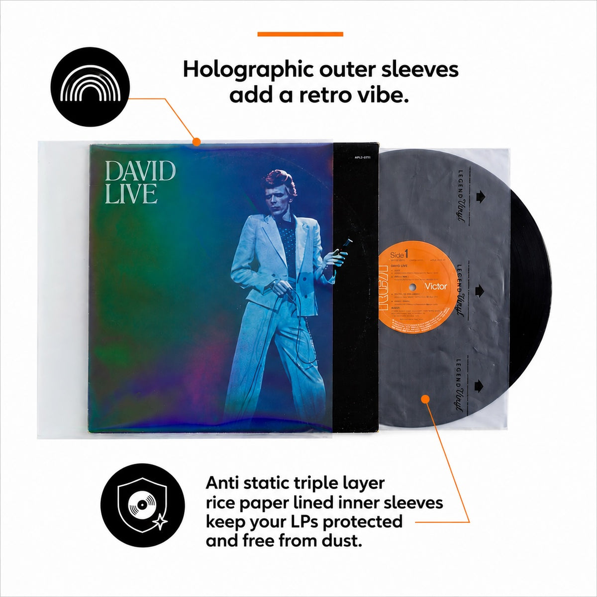 12″ Vinyl Record Sleeve Mixed Pack – 25 Rice Paper Inner + 25 Holographic Outer Sleeves (50)