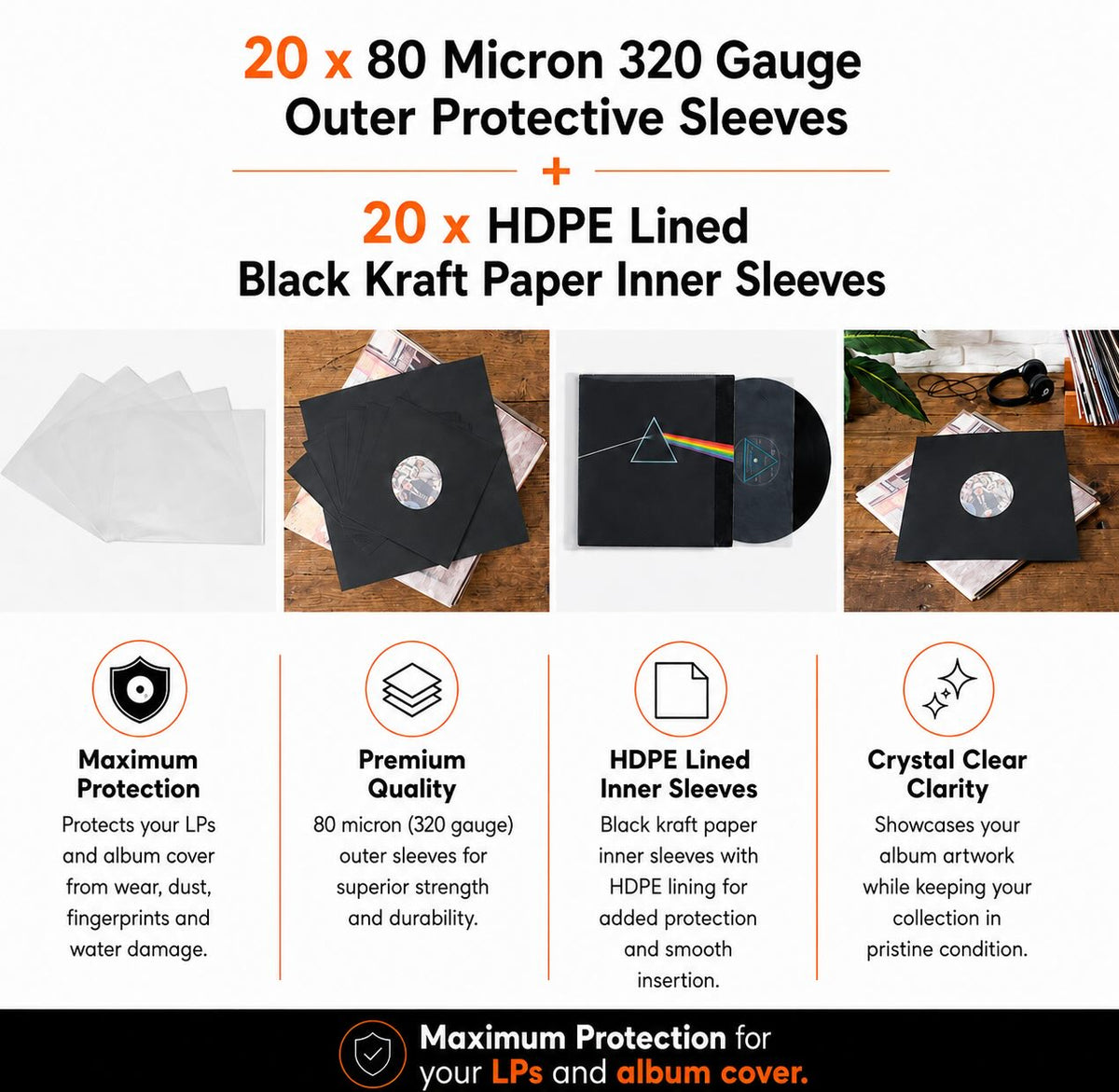 12″ Vinyl Record Sleeve Mixed Pack – 20 Black Inner + 20 Clear Outer Sleeves (40)