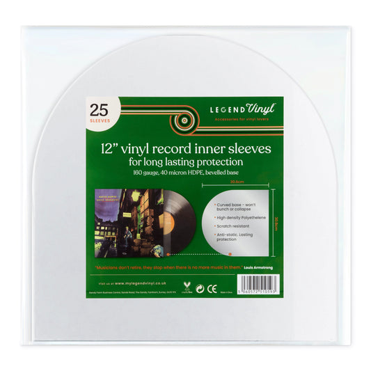 Premium 12" Curved Base HDPE Inner Record Sleeves (40 Micron) – Pack of 25