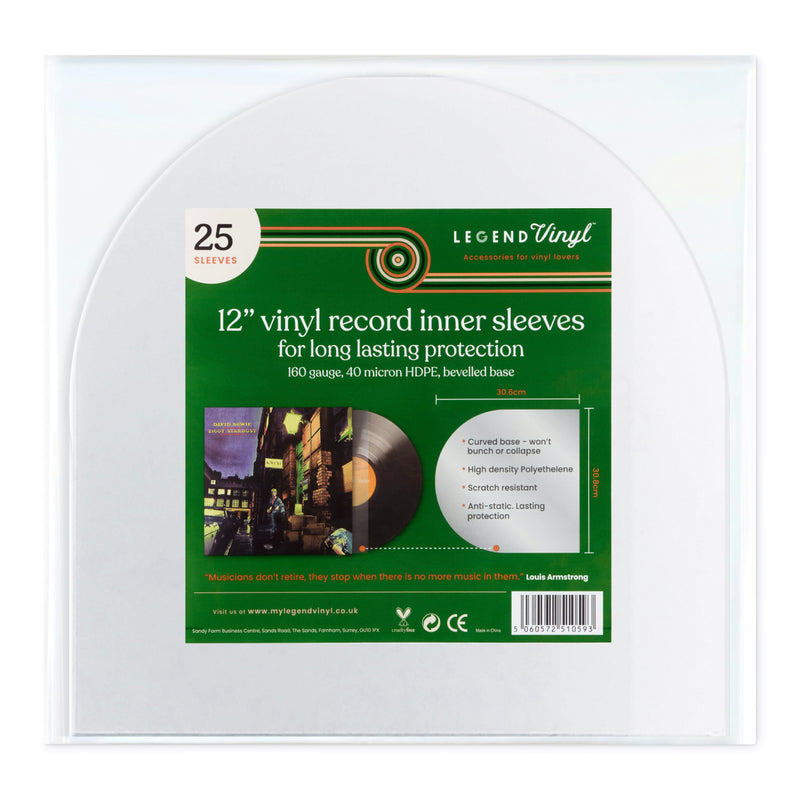 Premium 12" Curved Base HDPE Inner Record Sleeves (40 Micron) – Pack of 25