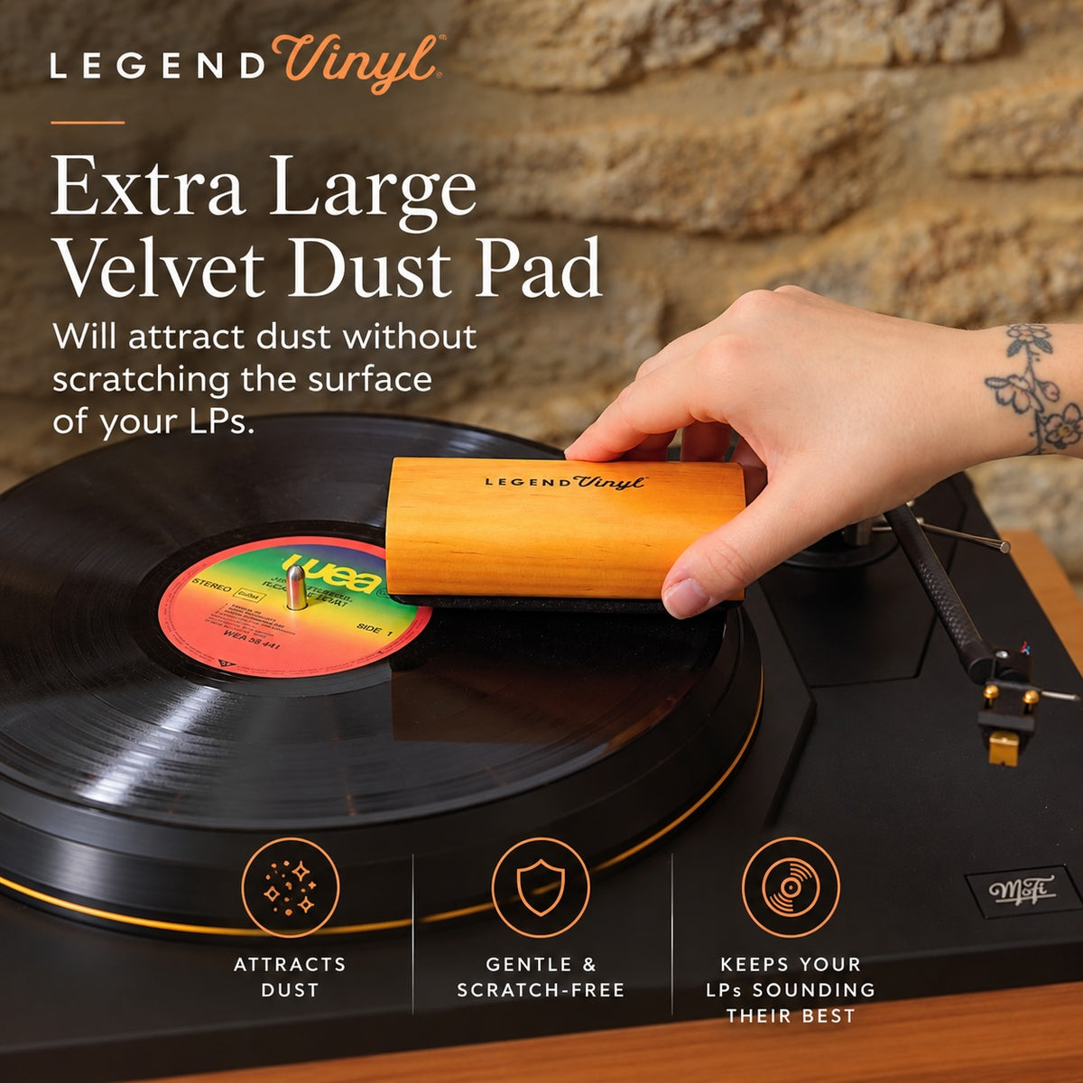 Large Velvet Record Brush with Wooden Handle & Storage Bag