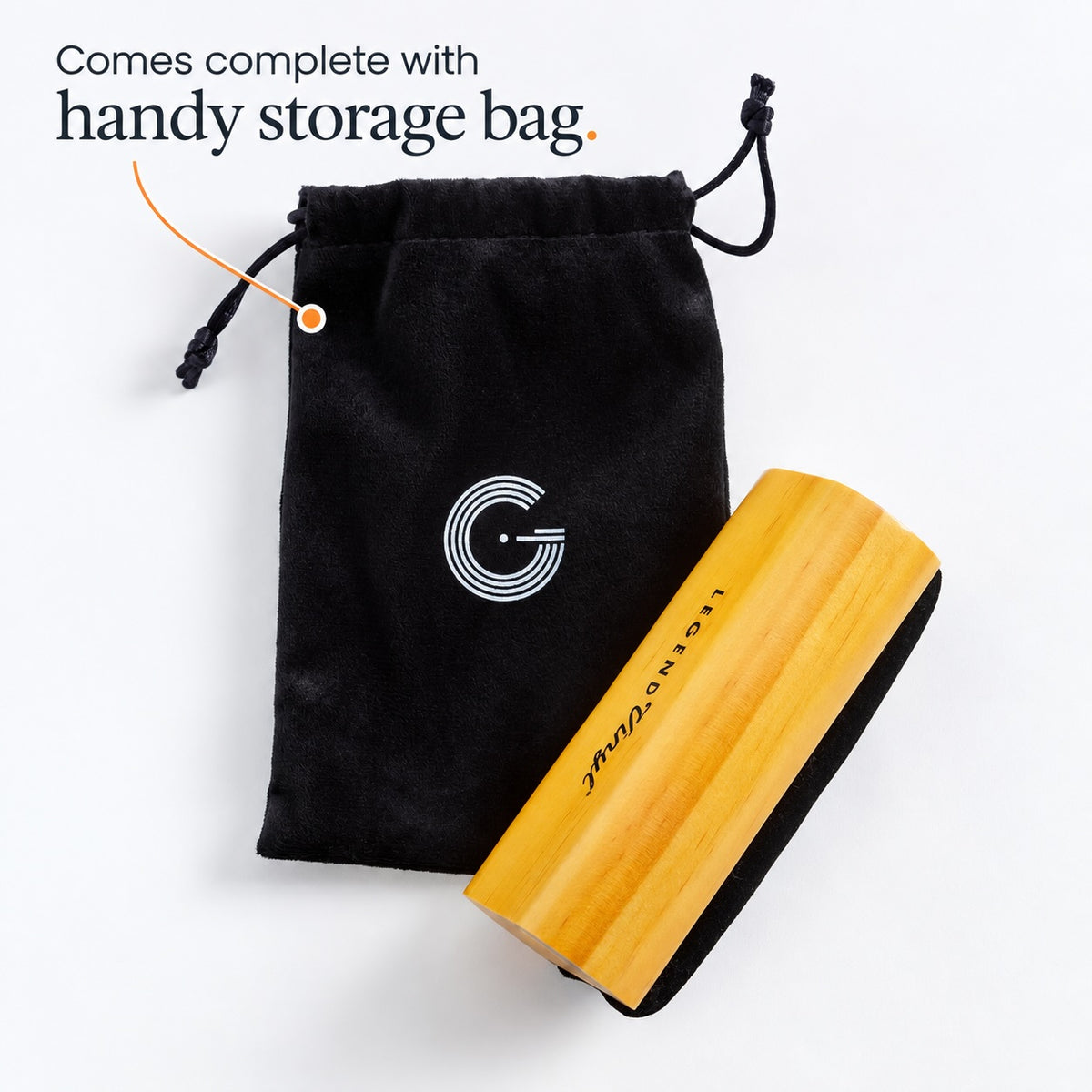 LV34 wooden handle record brush beside its black drawstring storage bag
