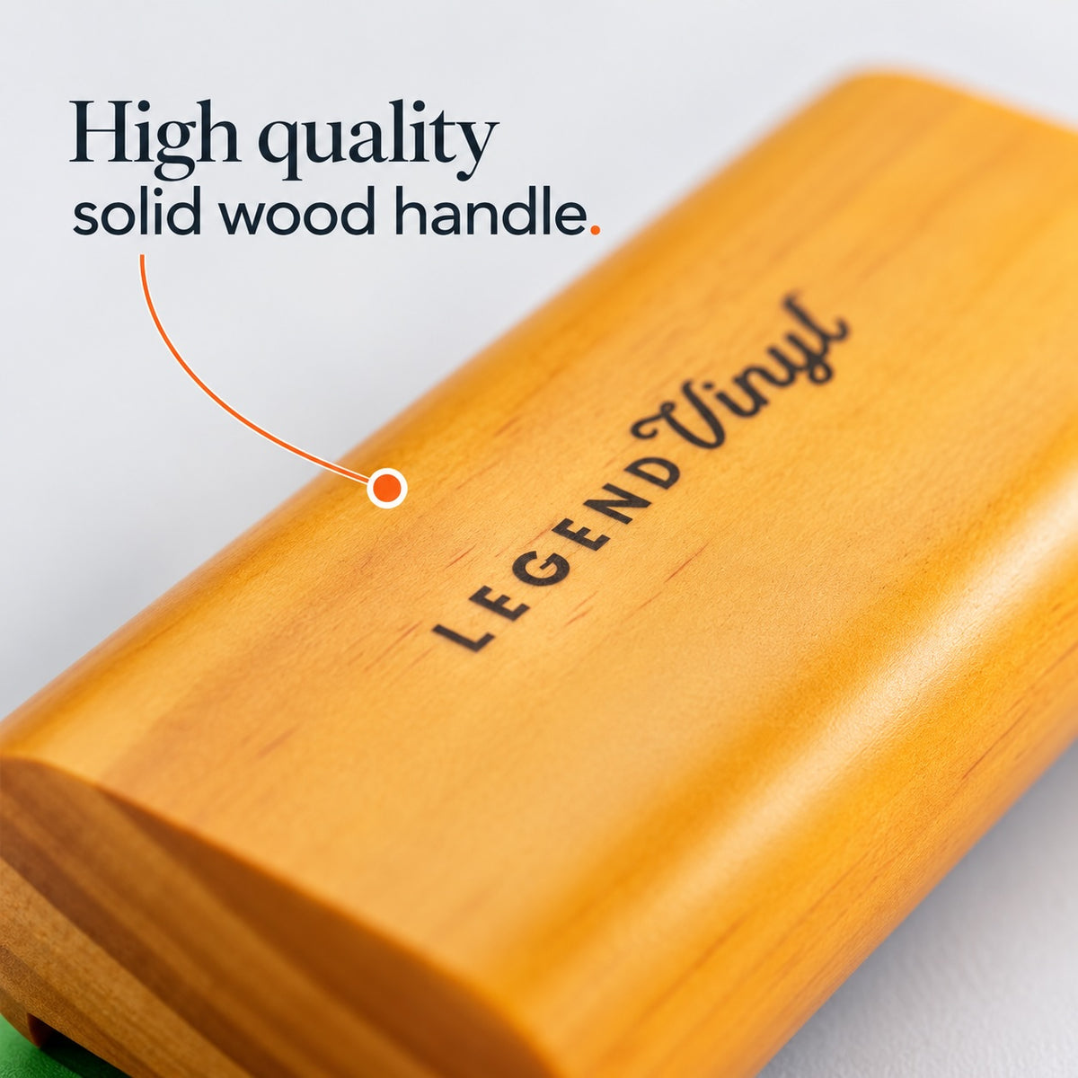 Close-up of the Legend Vinyl logo on the LV34 solid wood brush handle