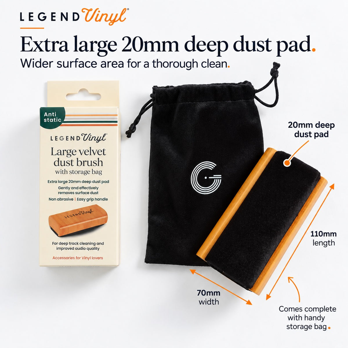 LV34 velvet record brush and storage bag with dimensions showing a 110 mm length, 70 mm width and 20 mm deep pad