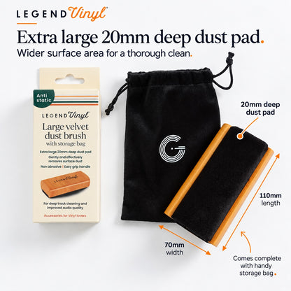 LV34 velvet record brush and storage bag with dimensions showing a 110 mm length, 70 mm width and 20 mm deep pad