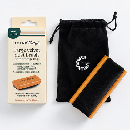 Legend Vinyl LV34 large velvet record brush with wooden handle, storage bag and retail packaging