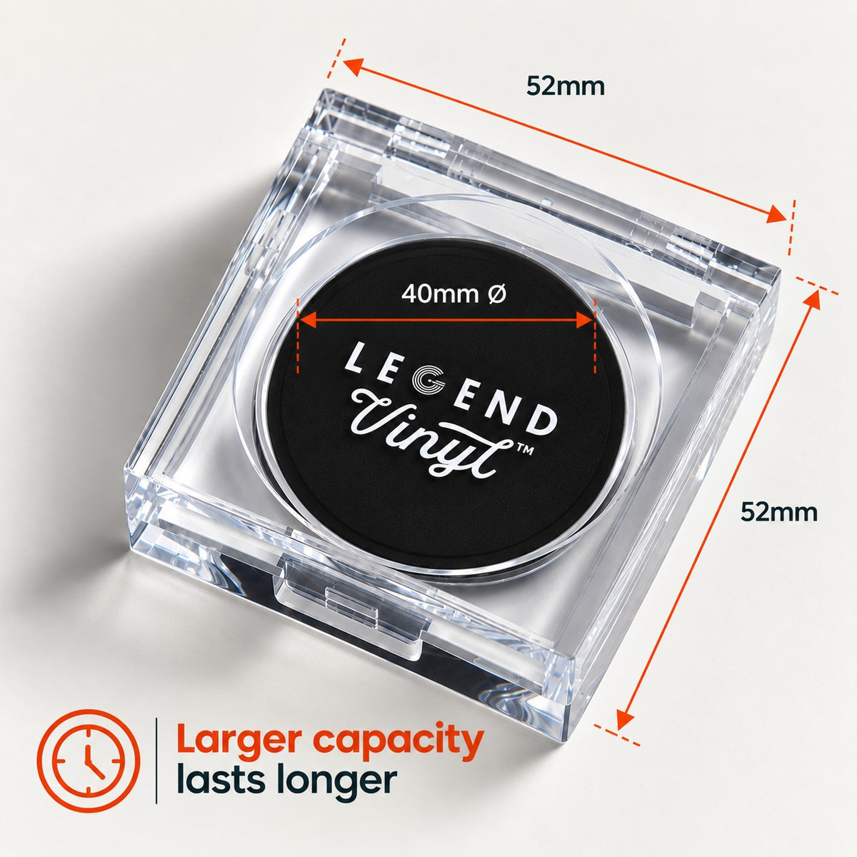 Dimensions of the Legend Vinyl stylus cleaning gel case and cleaning surface