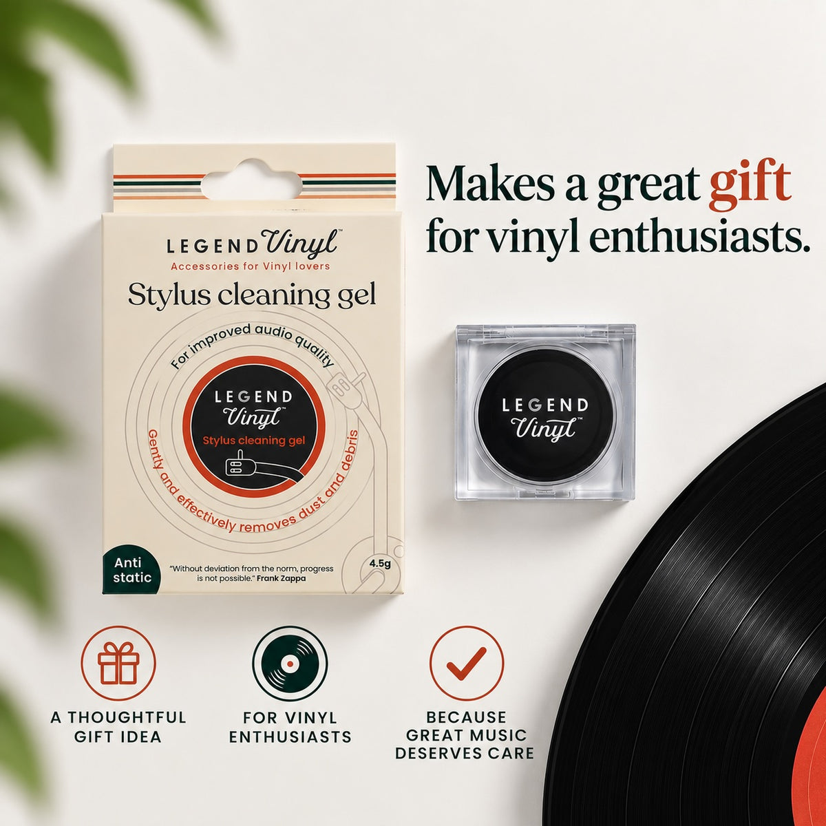 Boxed Legend Vinyl stylus cleaning gel beside its acrylic case
