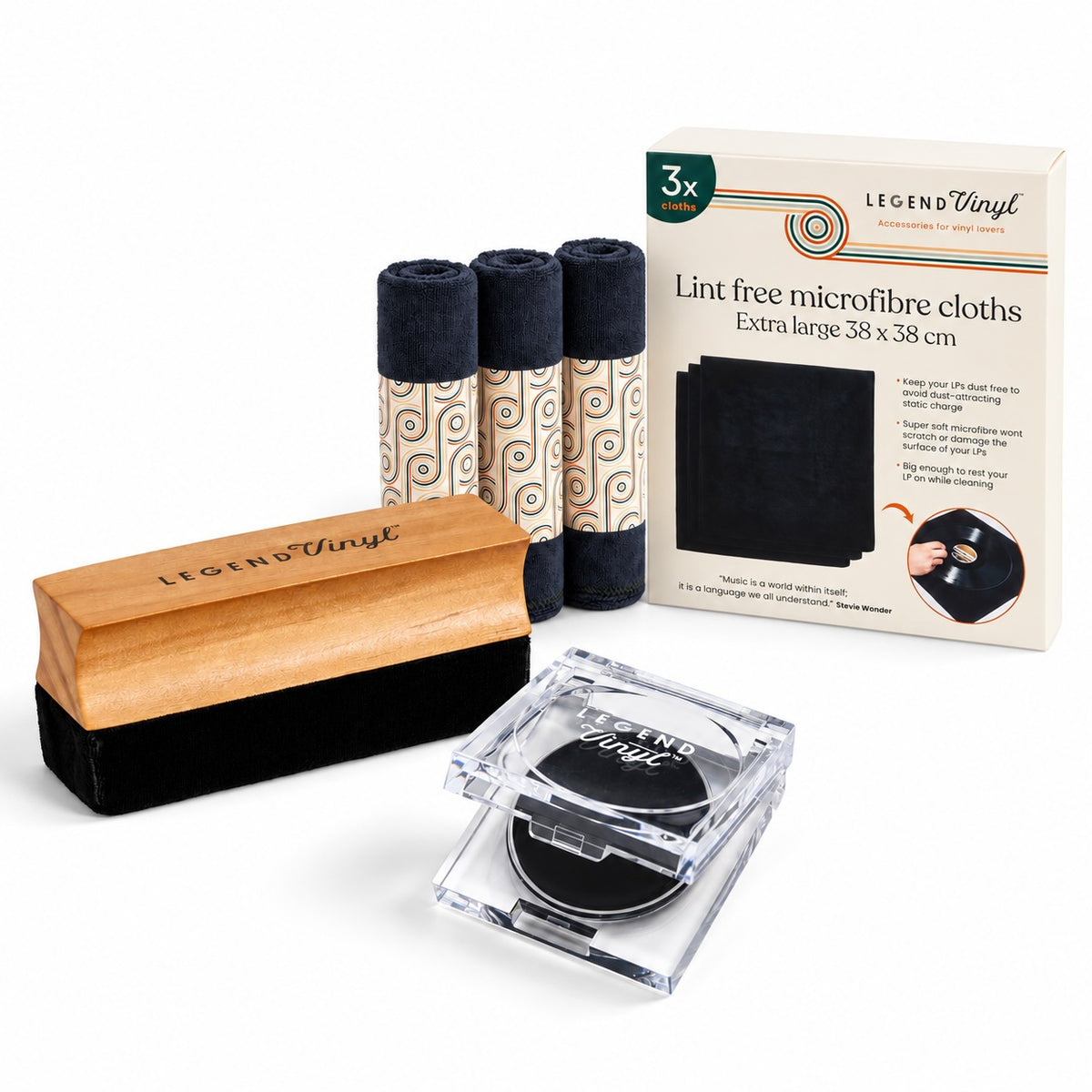 Legend Vinyl Record & Stylus Care Set with a velvet record brush, three microfibre cloths and stylus cleaning gel.