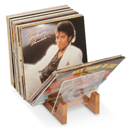 Legend Vinyl record display shelf in vintage oak with acrylic ends, holds 50 LPs