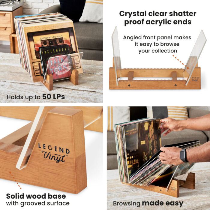 Record display shelf in use with albums stored upright