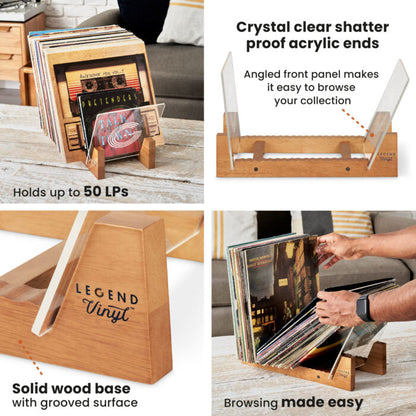 Record display shelf in use with albums stored upright