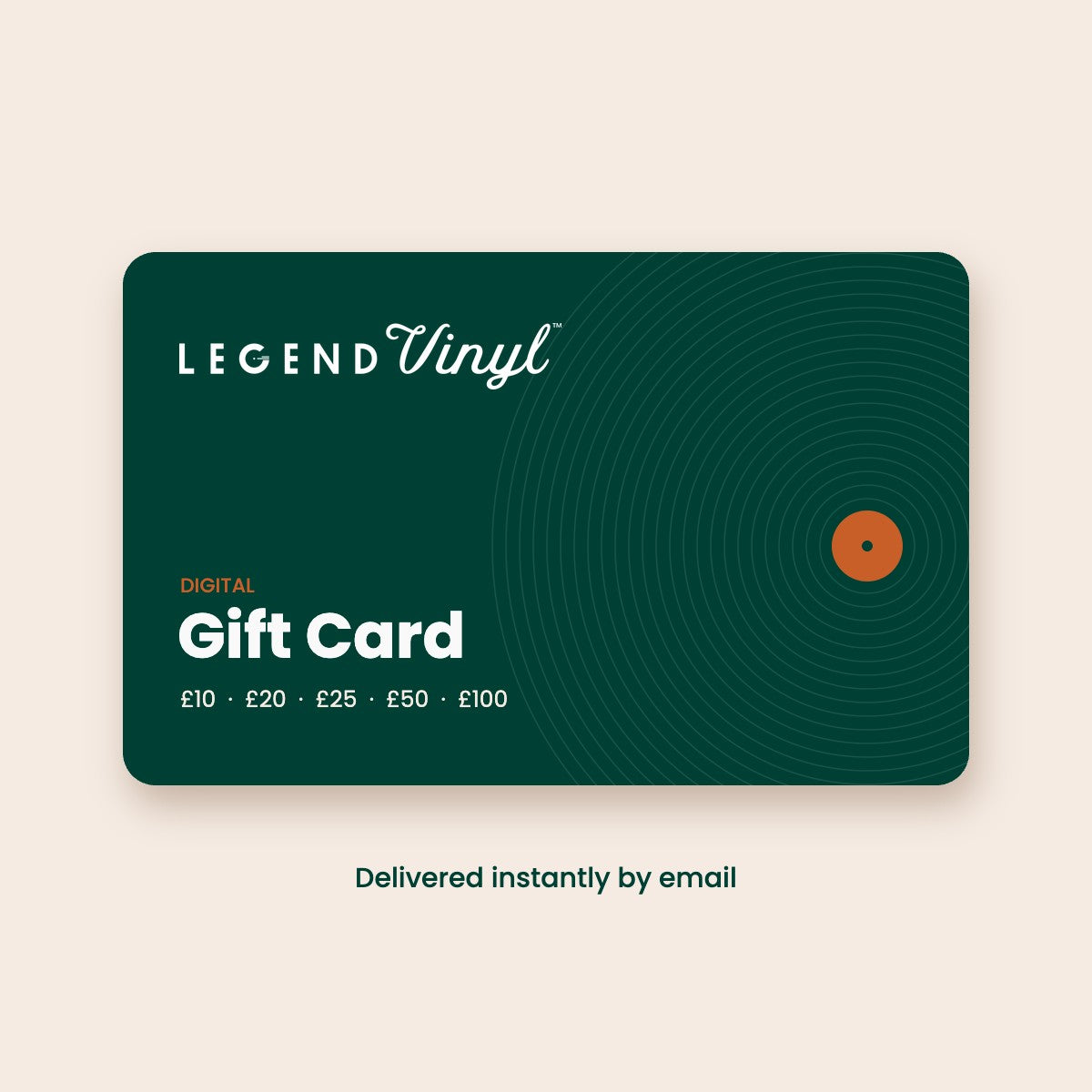 Legend Vinyl Digital Gift Card in green with a record design, values from £10 to £100