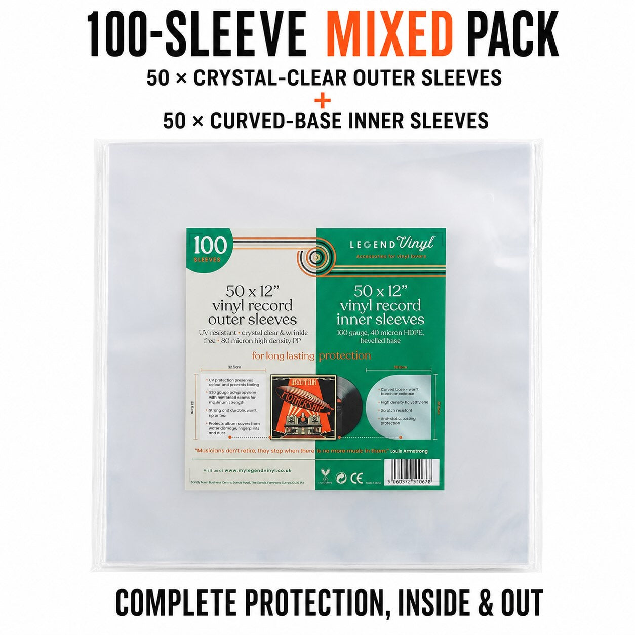 12″ Vinyl Record Sleeve Mixed Pack – 50 Curved-Base Inner + 50 Clear Outer Sleeves (100)