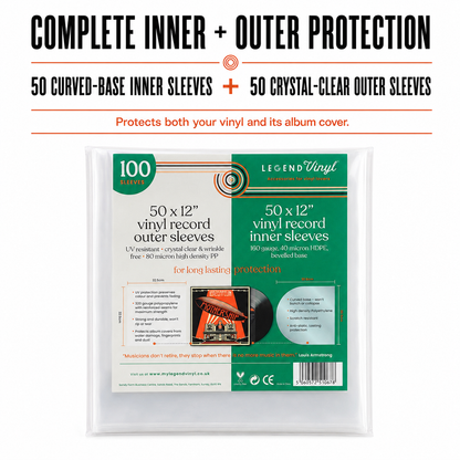 12″ Vinyl Record Sleeve Mixed Pack – 50 Curved-Base Inner + 50 Clear Outer Sleeves
