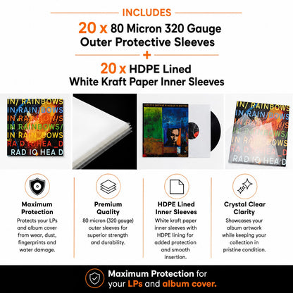 12″ Vinyl Record Sleeve Mixed Pack – 20 White Inner + 20 Clear Outer Sleeves (40)