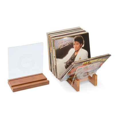 Legend Vinyl Record Display Bundle: Now Playing display stand and 50 LP record display shelf in vintage oak with clear acrylic