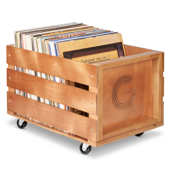 Wooden Vinyl Record Storage Crate on Wheels
