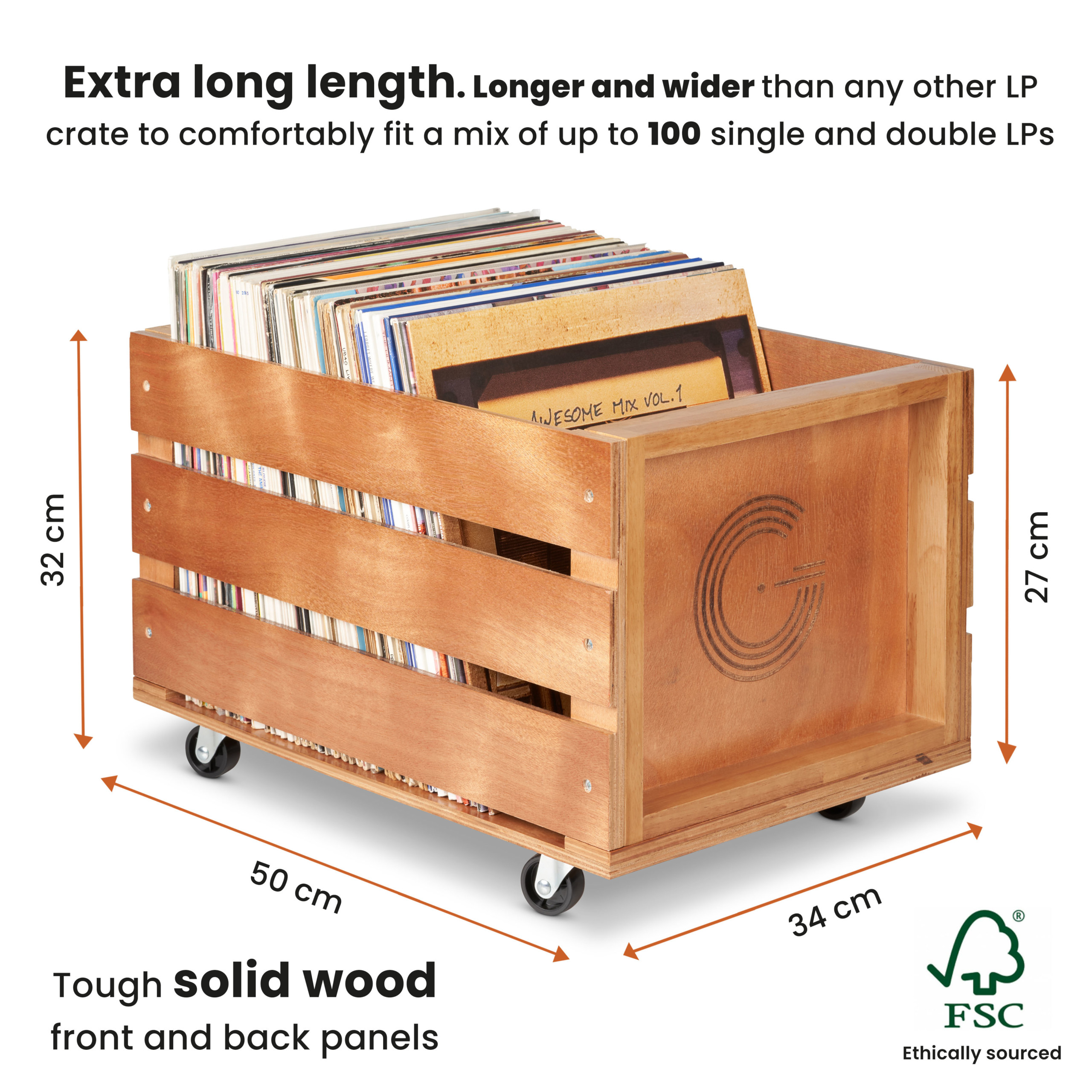 Specialist støbt pinion Wooden Vinyl Record Storage Crate on Wheels - Legend Vinyl