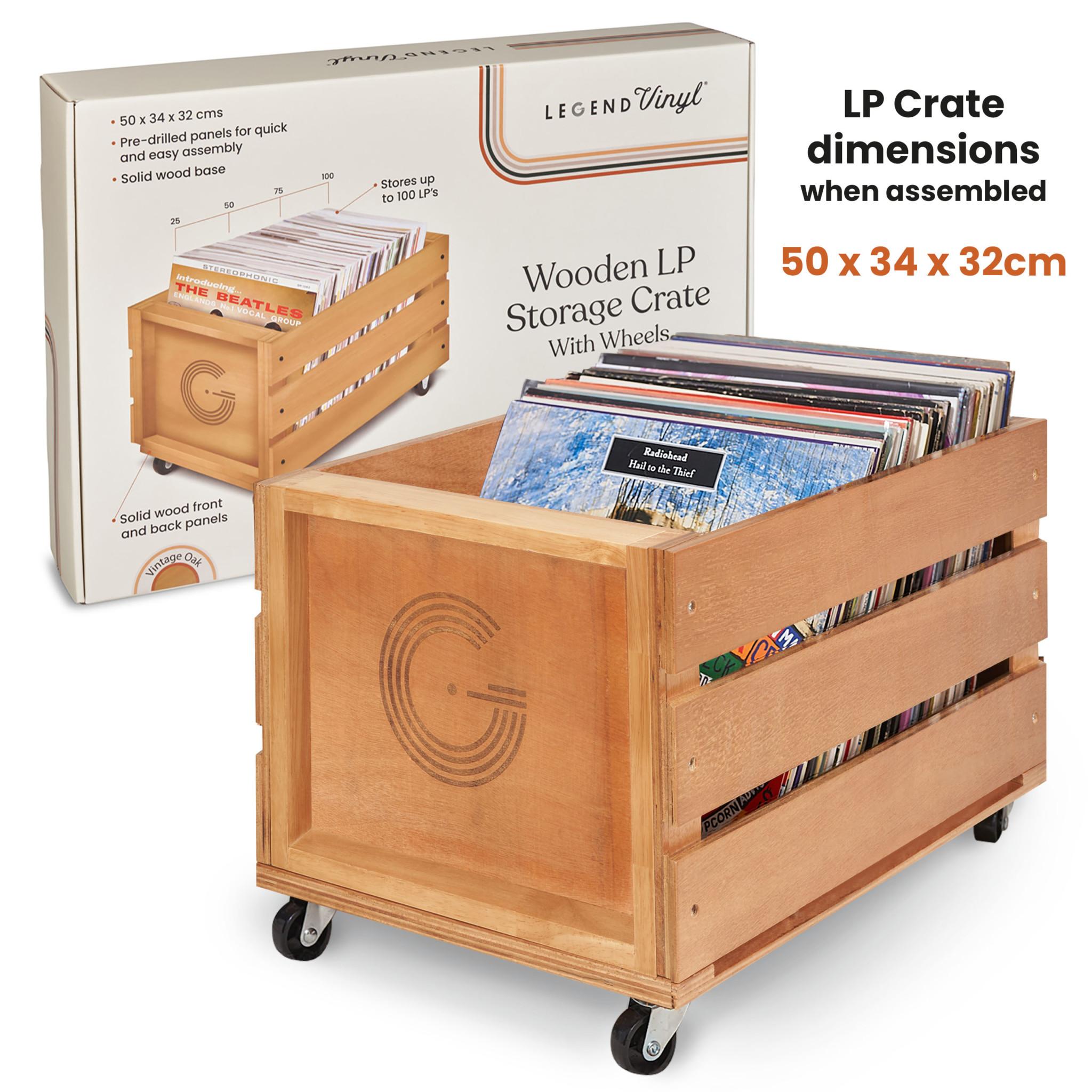 Wooden Vinyl Record Storage Crate on Wheels Legend Vinyl