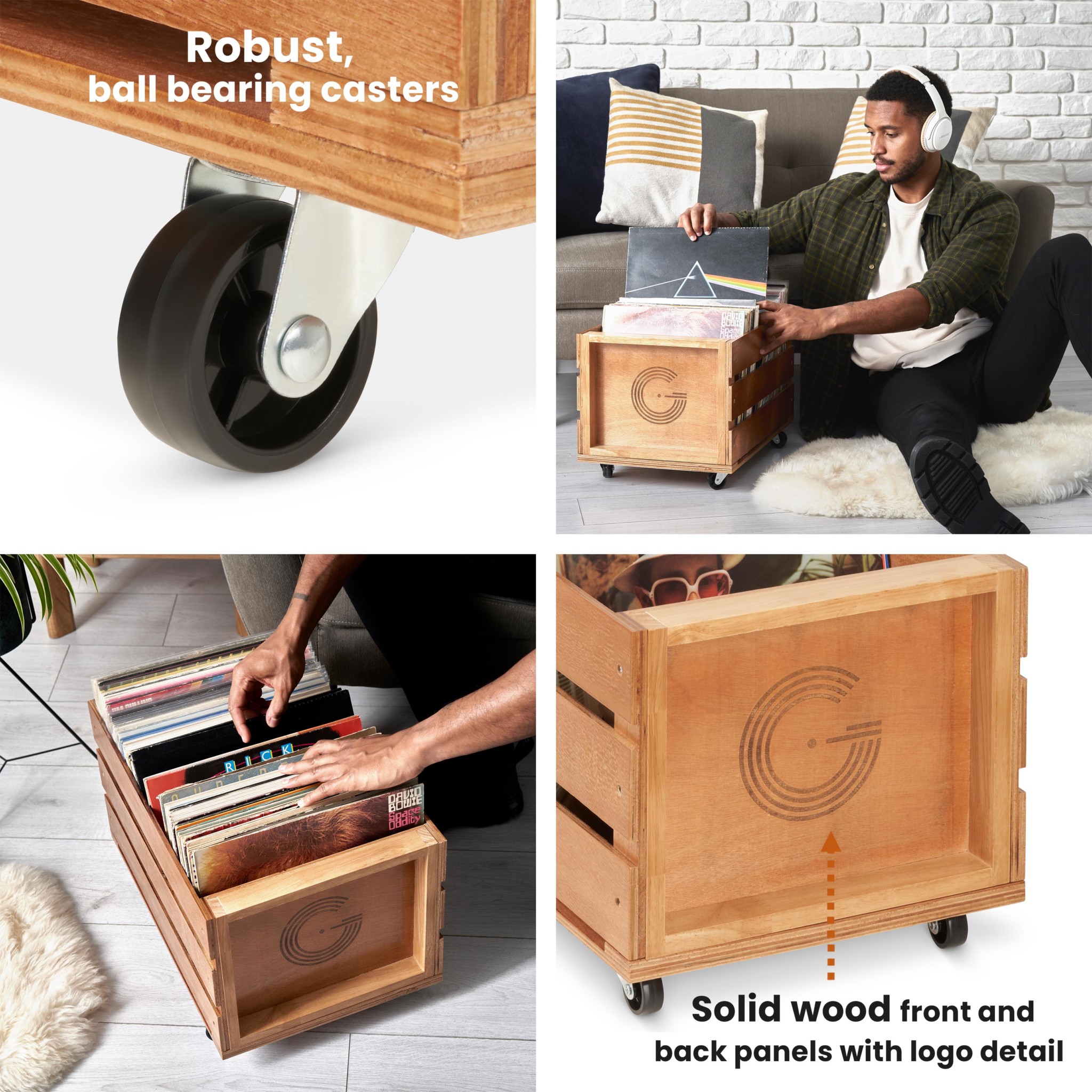 Wooden Vinyl Record Storage Crate on Wheels Legend Vinyl